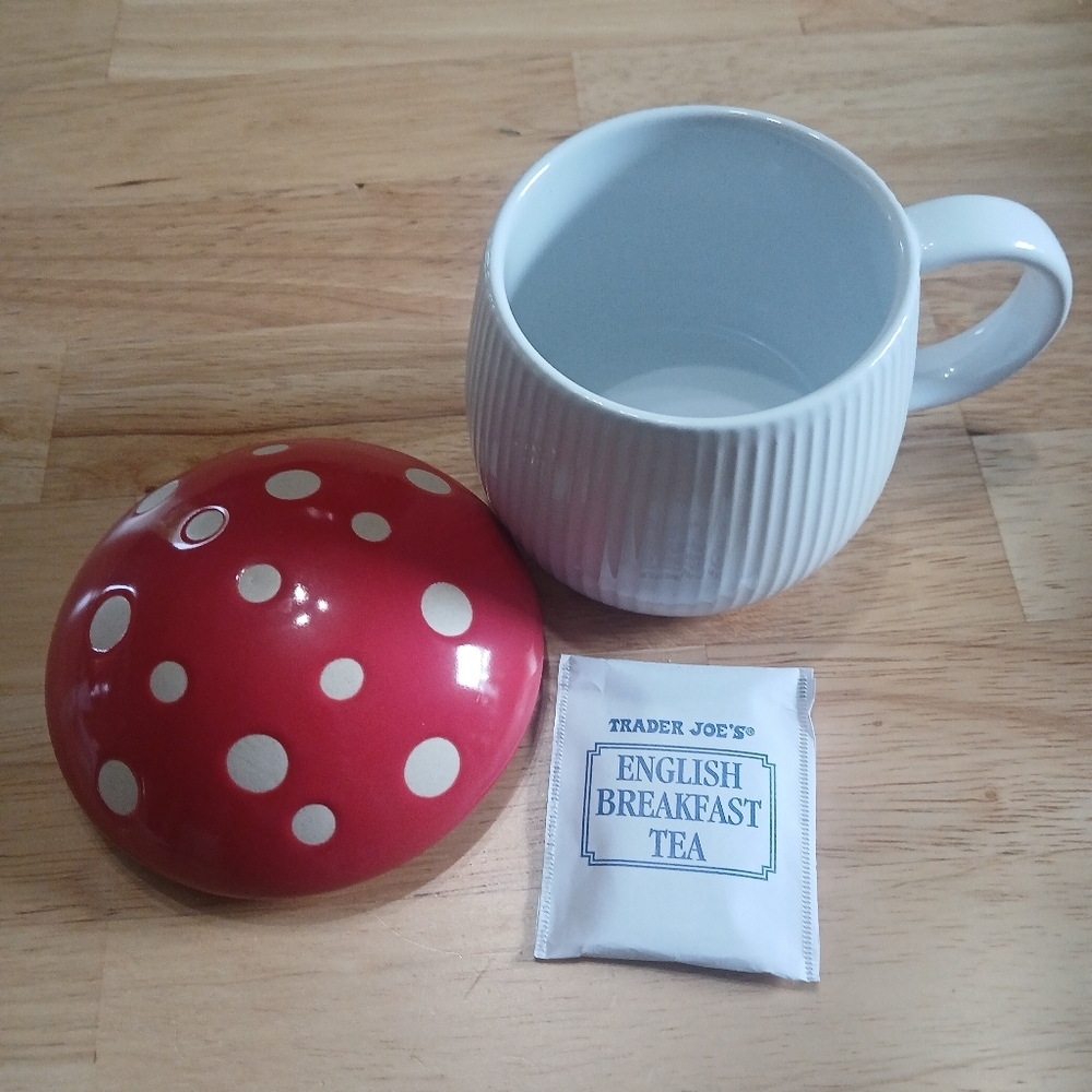 World Market Cost Plus Red Mushroom Polka-Dot Ceramic Mug with Lid